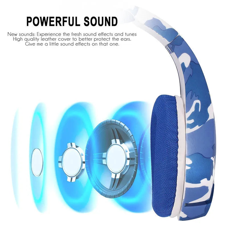 Wired gaming headset with cloth earmuffs and braided cable in camouflage blue design