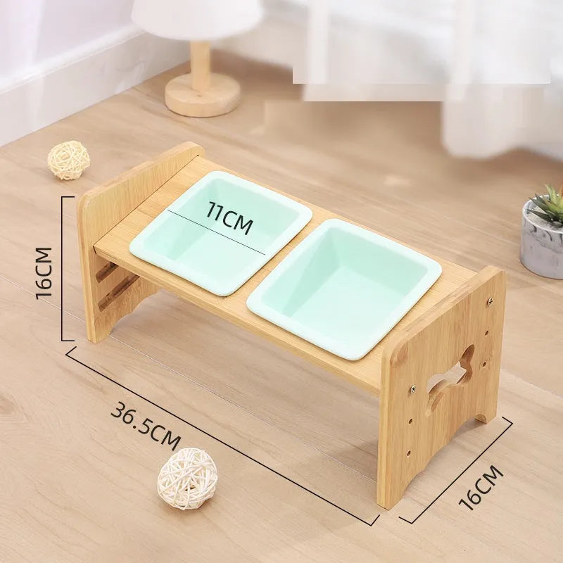 Adjustable cat dog bowl with bamboo base and ceramic feeding bowl in white, 3-layer height settings