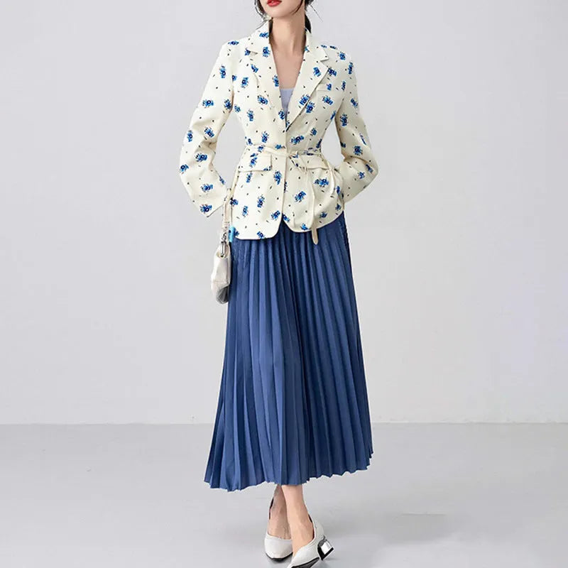 Women's white polyester suit jacket with collar lace-up waist detail and long sleeves