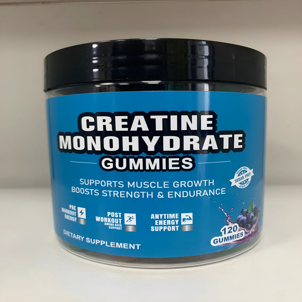 Bottle of raspberry flavoured creatine monohydrate gummy supplements containing 120 soft candy tablets