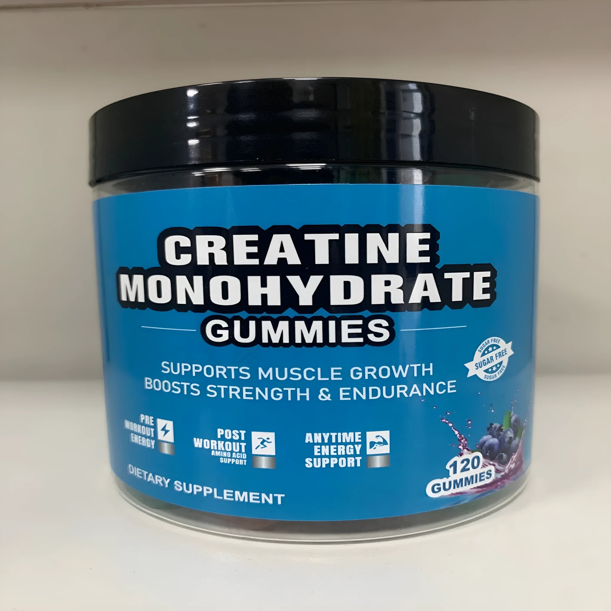 Bottle of raspberry flavoured creatine monohydrate gummy supplements containing 120 soft candy tablets