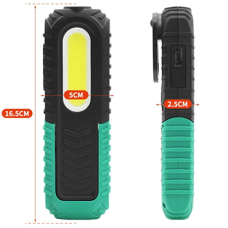 Black and green USB-powered auto repair work light with drop-resistant ABS plastic housing