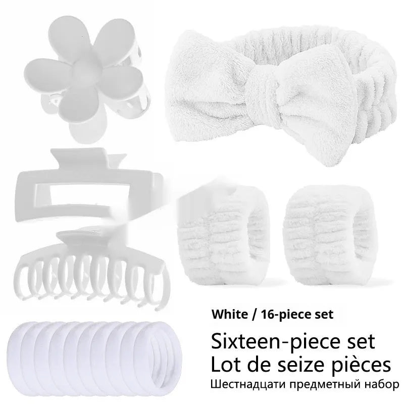 16-piece bow washing face hair band set with wrist strap, plaid pattern, multiple colours