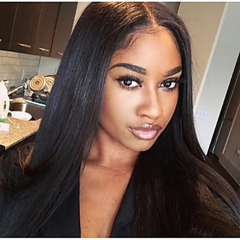 Long straight hair wig with centre-parting bangs in black colour on display