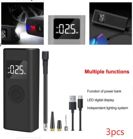 Portable 2500mAh wireless electric air pump with emergency light and USB-A output in black ABS housing