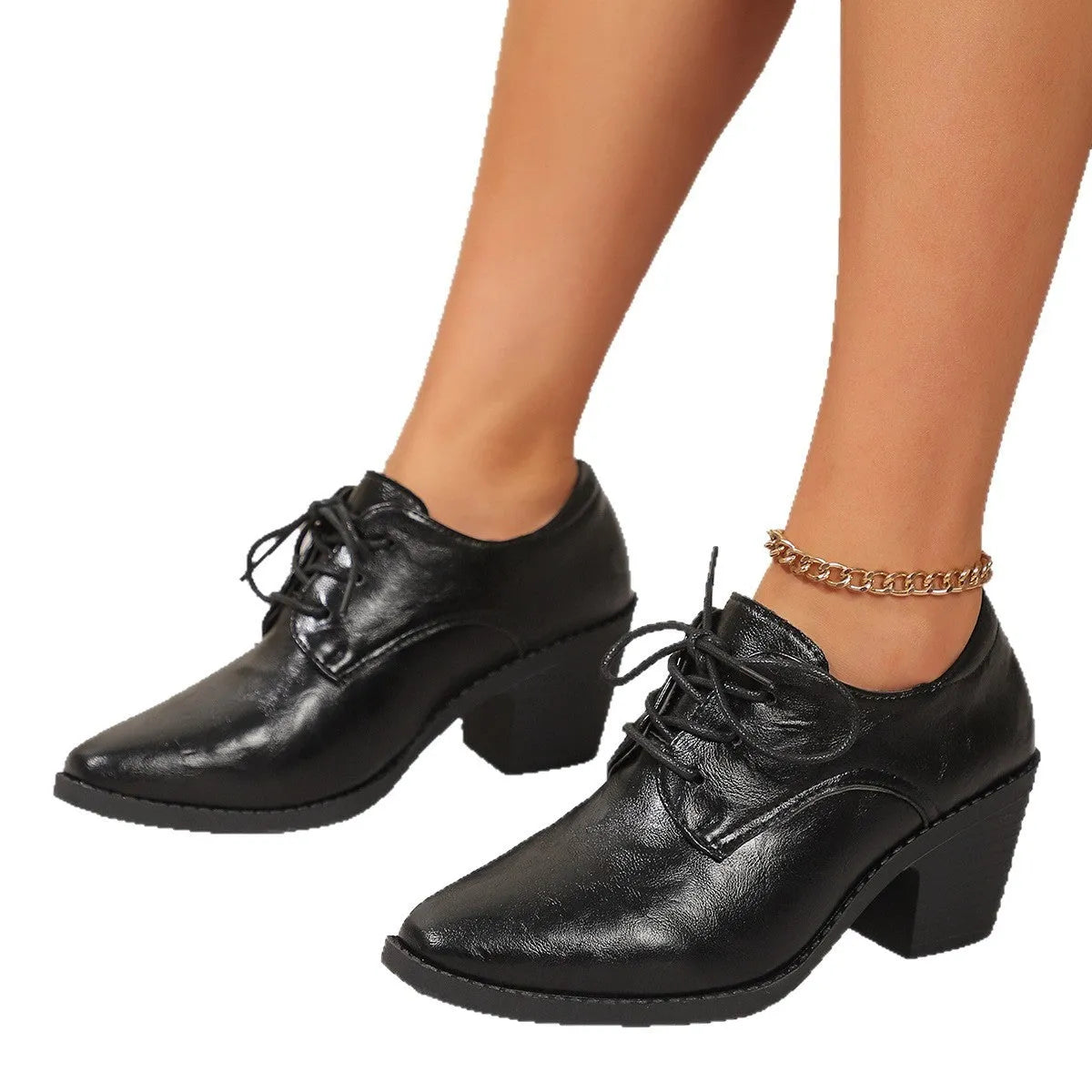 Women's pointed chunky heel front lace-up low-top shoes in beige, solid colour PU upper