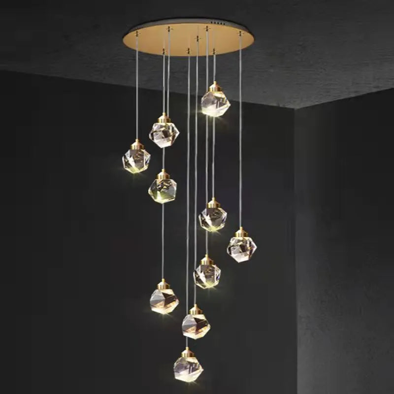 Duplex stair long crane crystal chandelier ceiling lamp with dimmable three-colour lighting
