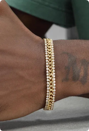 Gold plated titanium steel bracelet with artificial gemstones in unisex European American hip hop style