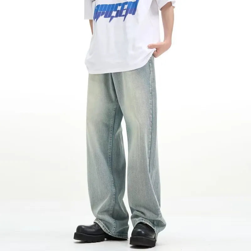 Blue loose-fit retro men's trousers with an elastic waistband, made from rabbit fur fabric.
