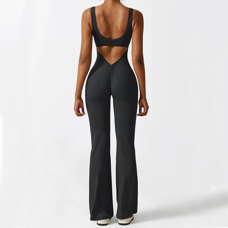 Women's sleeveless flare jumpsuit for yoga and fitness in various colours