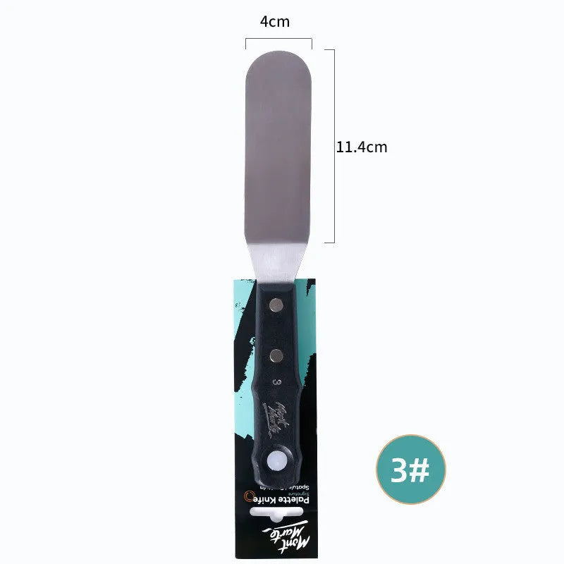 Three stainless steel palette knives for oil and acrylic painting with different blade sizes.