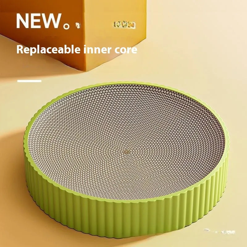 Round green cat scratching board nest with corrugated cardboard surface and two spare refills.