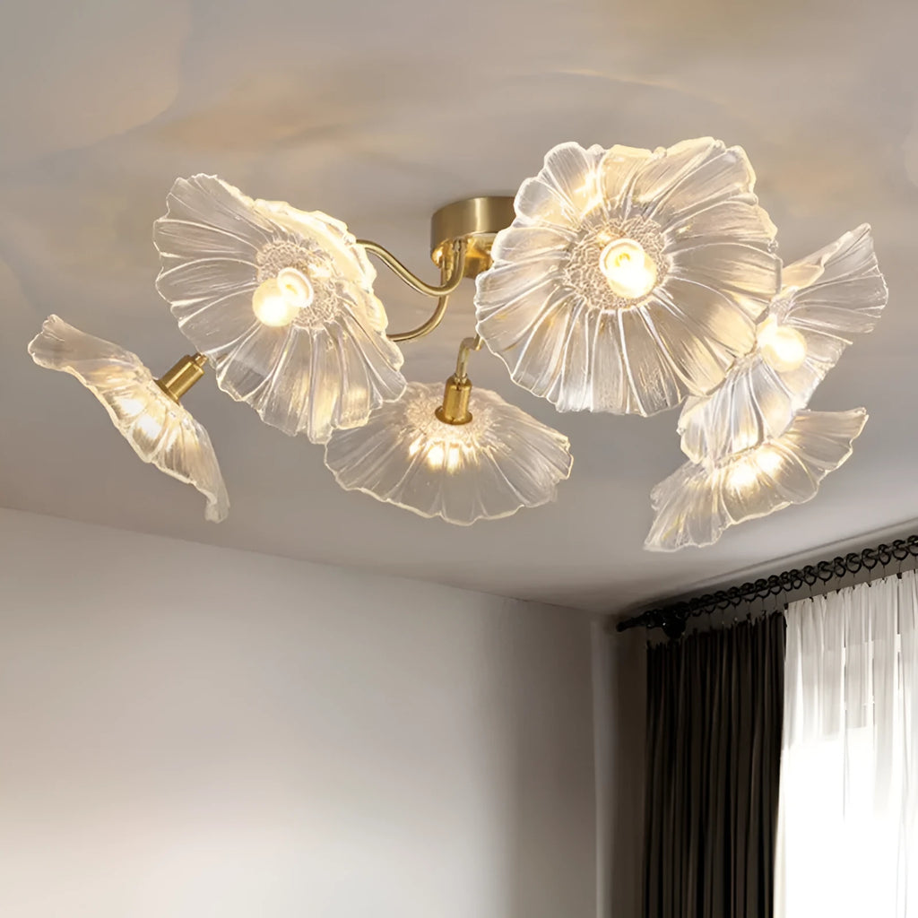 Modern creative ceiling lamp with cluster of white or purple flower shades emitting warm light.