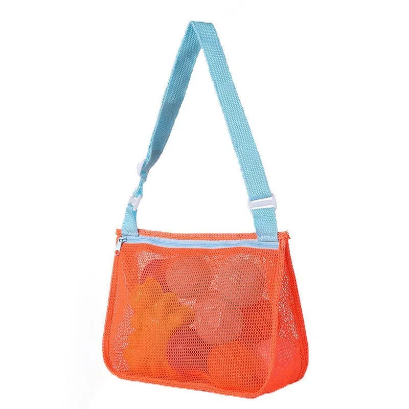 Blue nylon mesh travel storage organiser bag for children's toys and clothing, sealed, measuring 20x25x8cm.