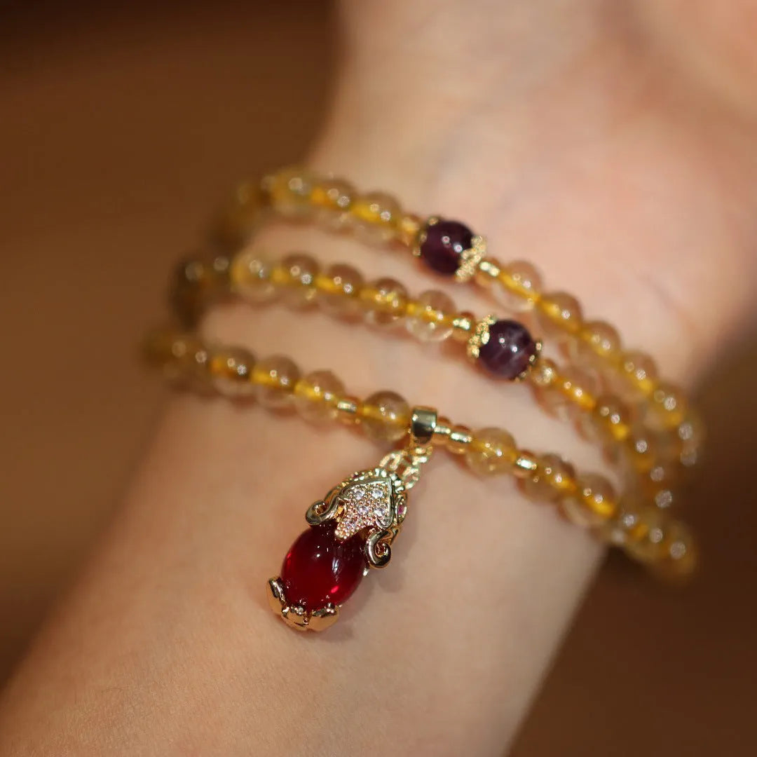 Natural Brazilian gold rutilated quartz bracelet with three circles and hanging chopsticks in Chinese style