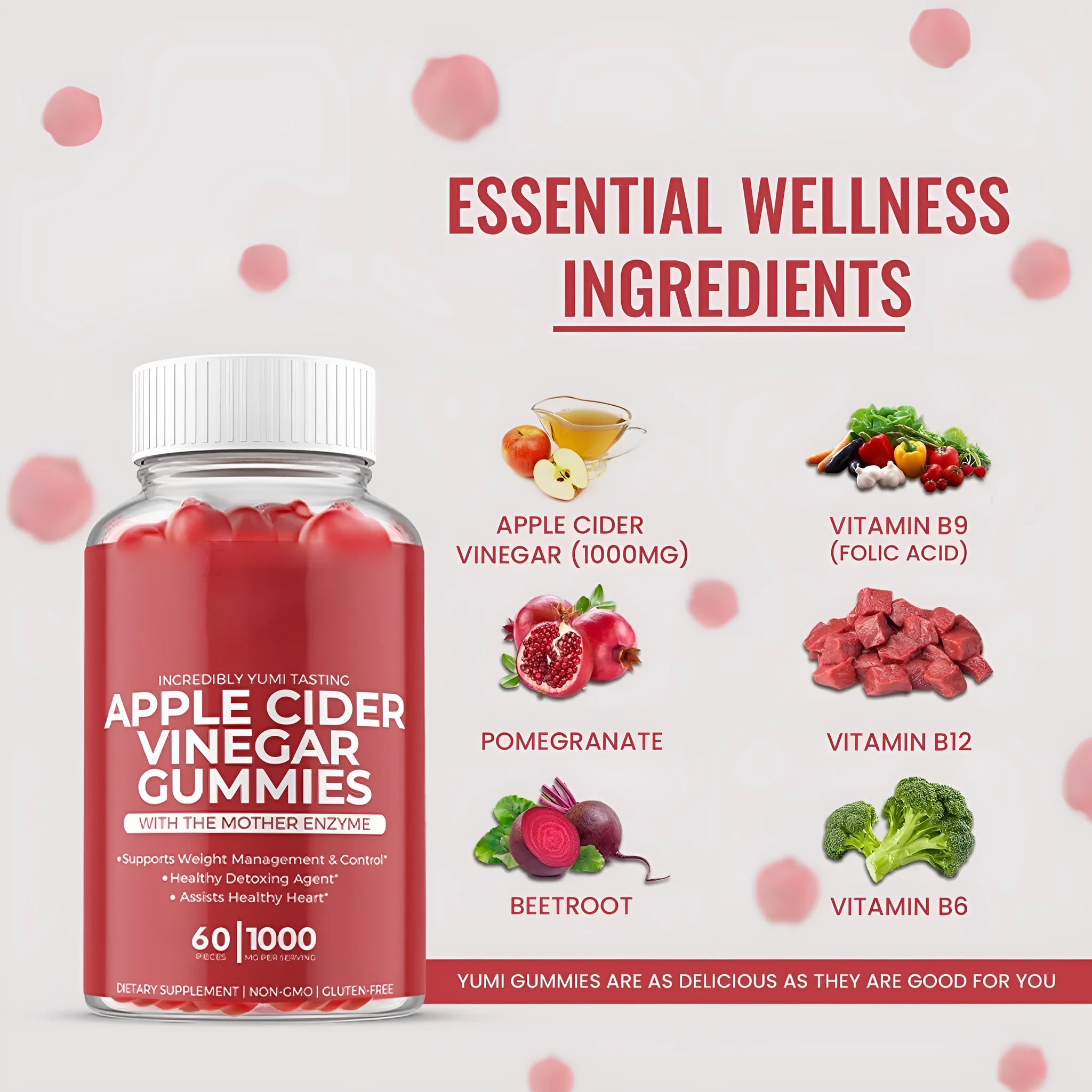 Bottle of apple cider vinegar gummies containing 60 soft candy tablets for adult supplementation