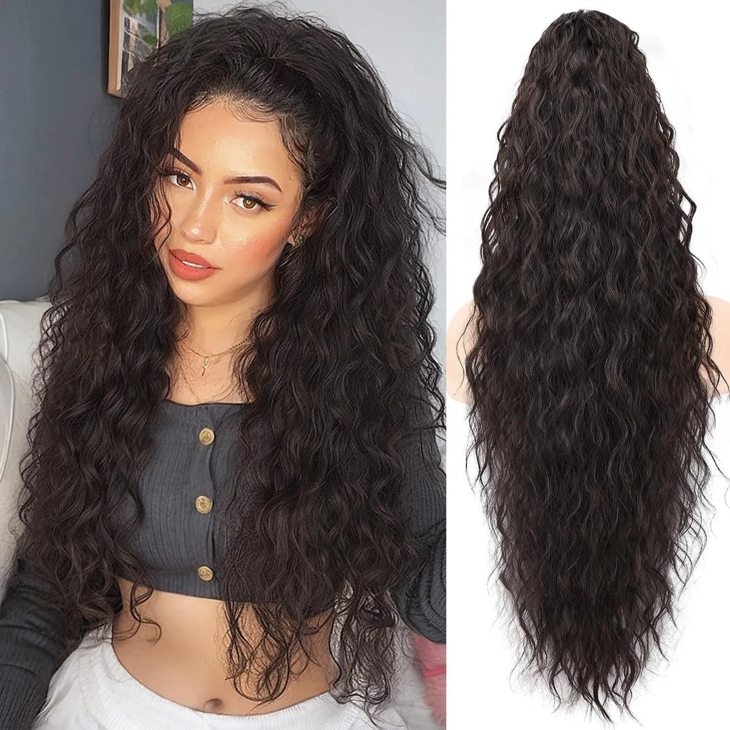 Long 30-inch curly synthetic ponytail wig in high temperature fibre.