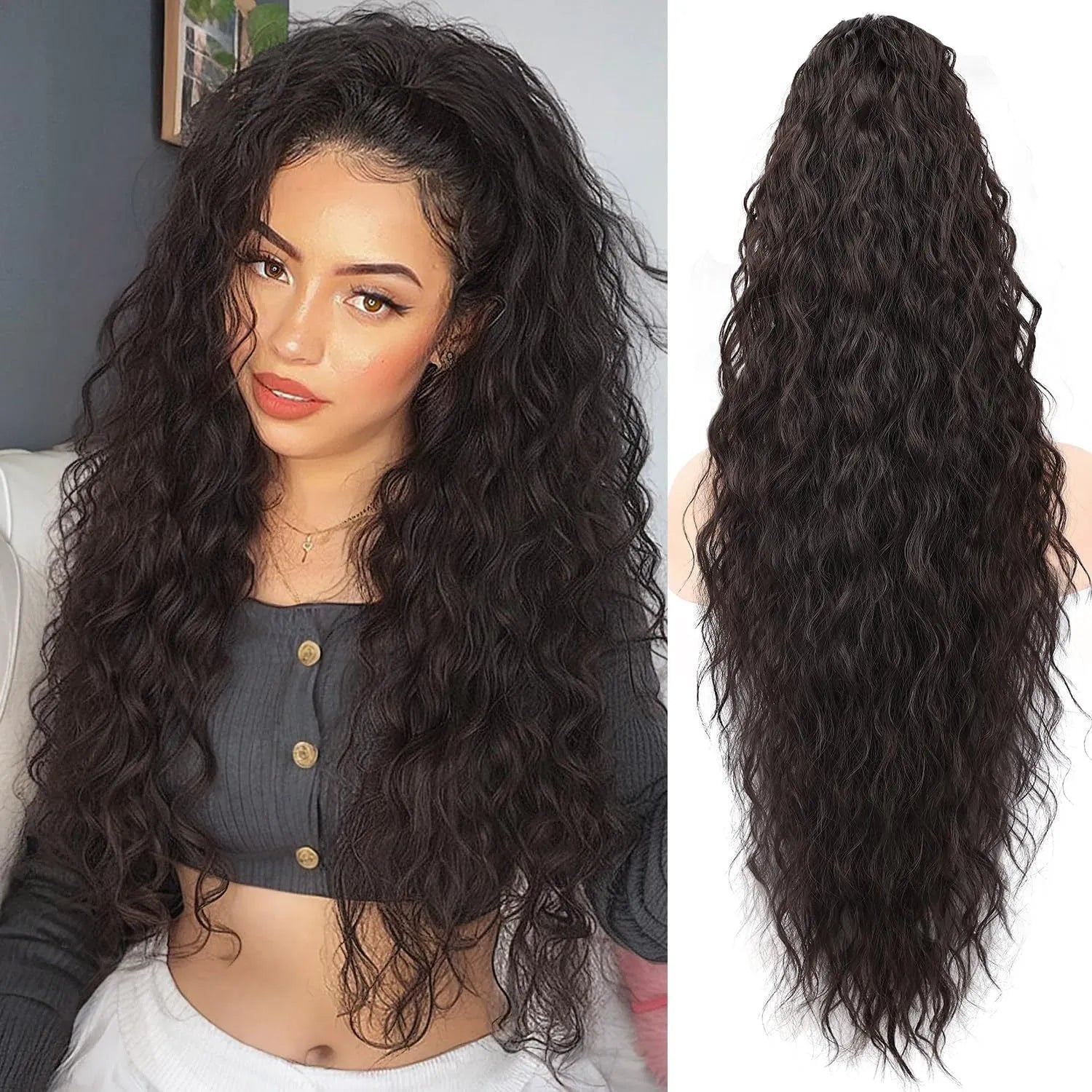 Long 30-inch curly synthetic ponytail wig in high temperature fibre.