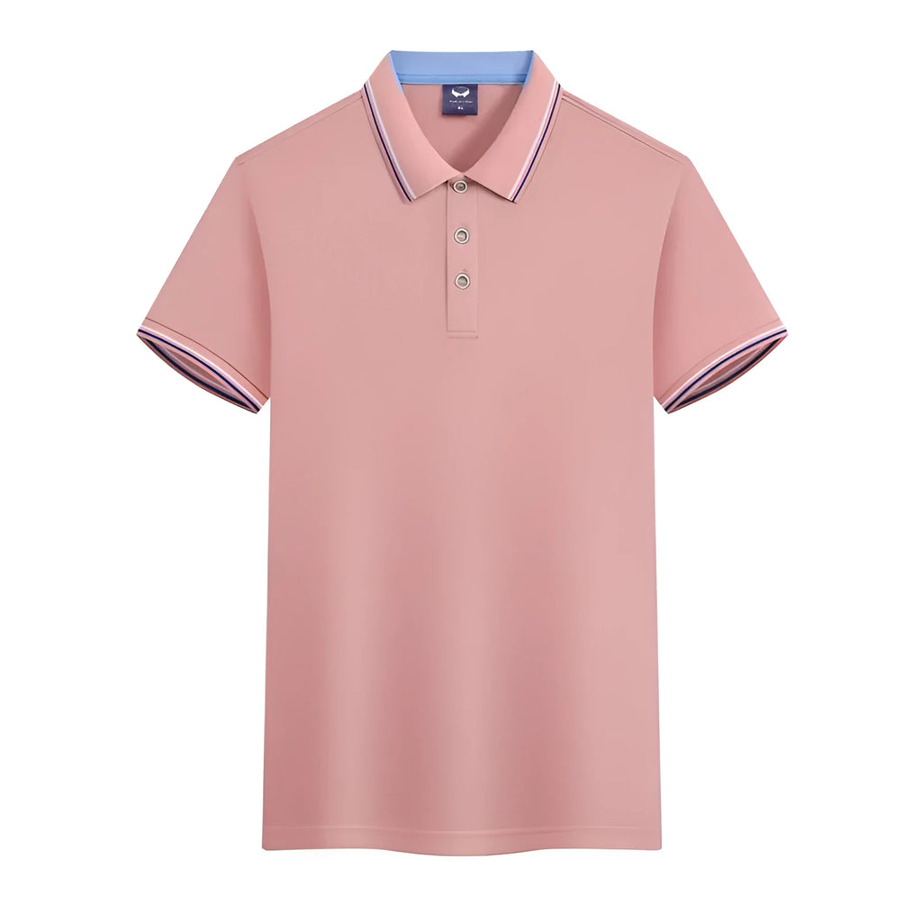 Slim fit ice silk polo shirt in blue grey colour with short sleeves on a hanger
