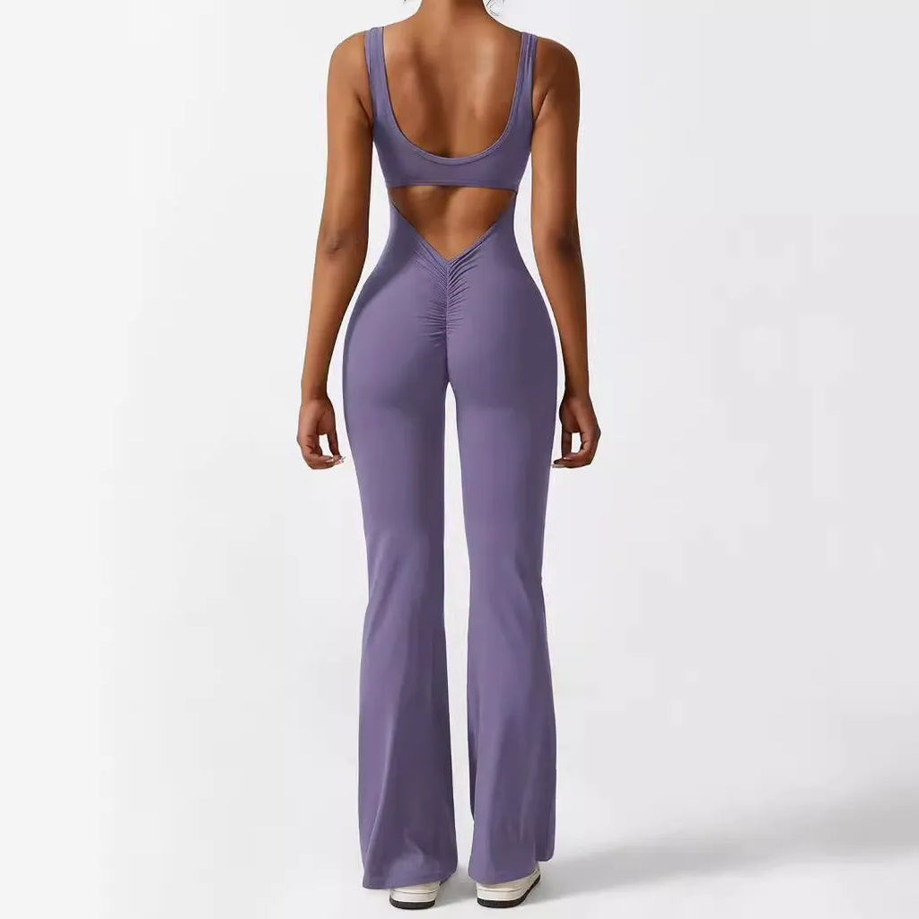 Women's sleeveless flare jumpsuit for yoga and fitness in various colours
