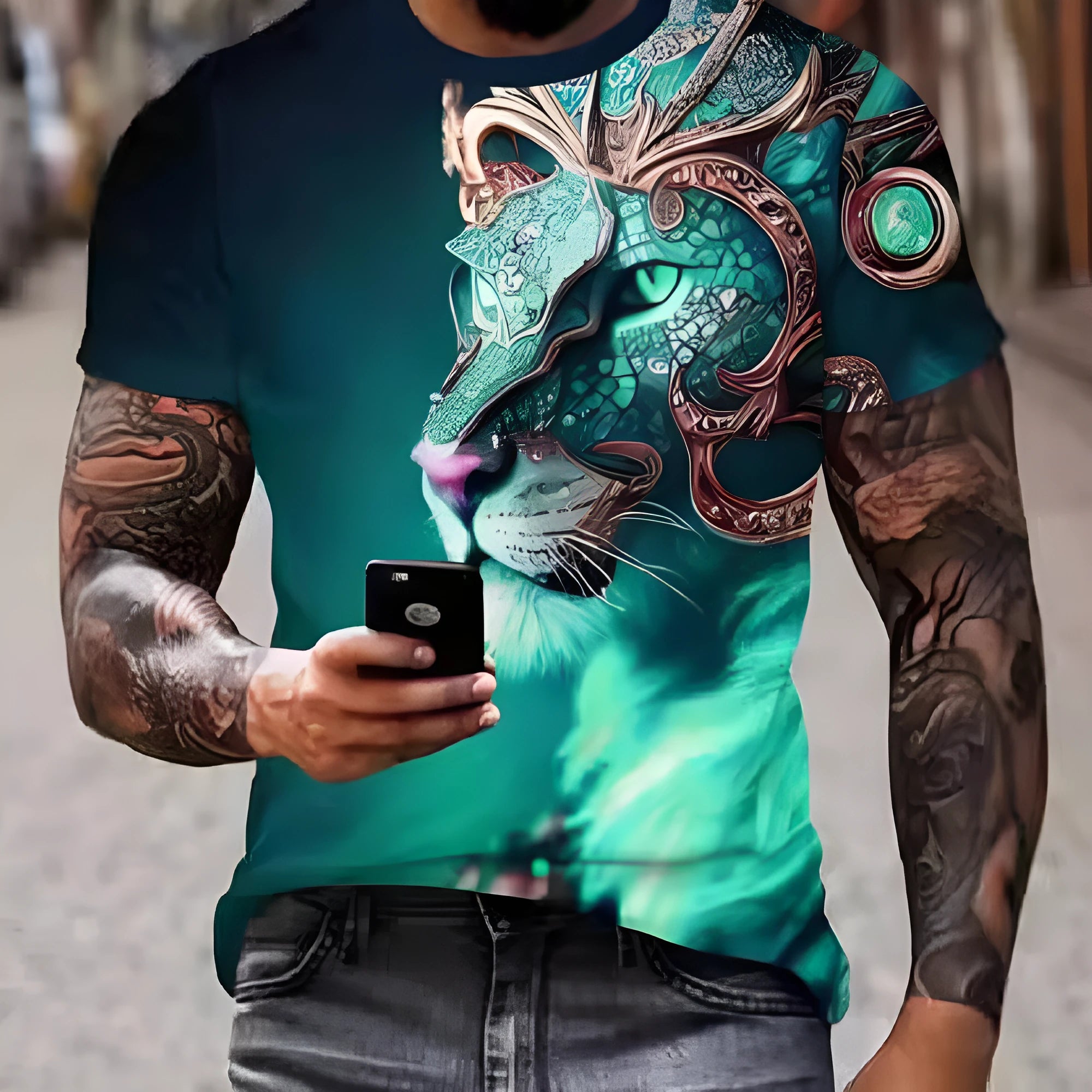Men's grey T-shirt with a detailed 3D lion face print on the front.