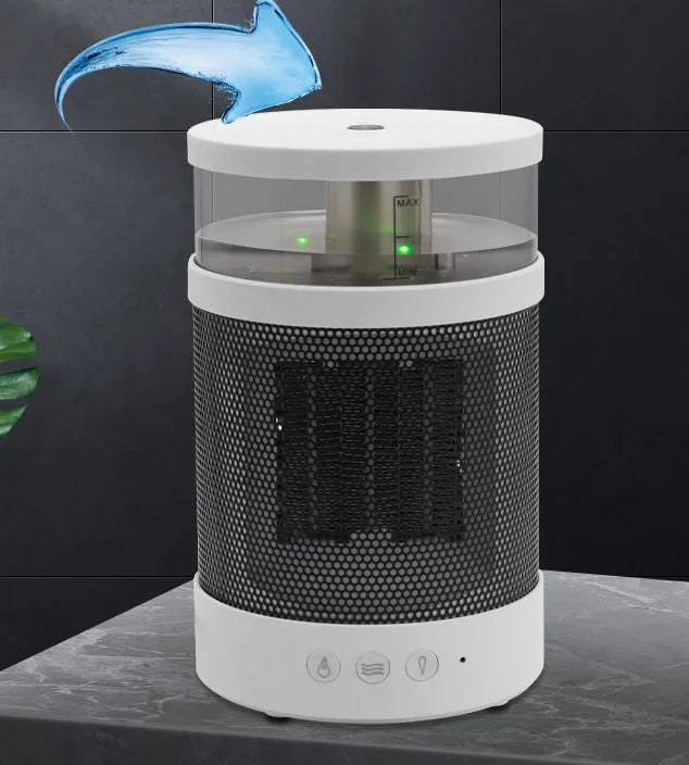 White 3 in 1 portable space heater with 400ml humidifier and colourful night light on a desk