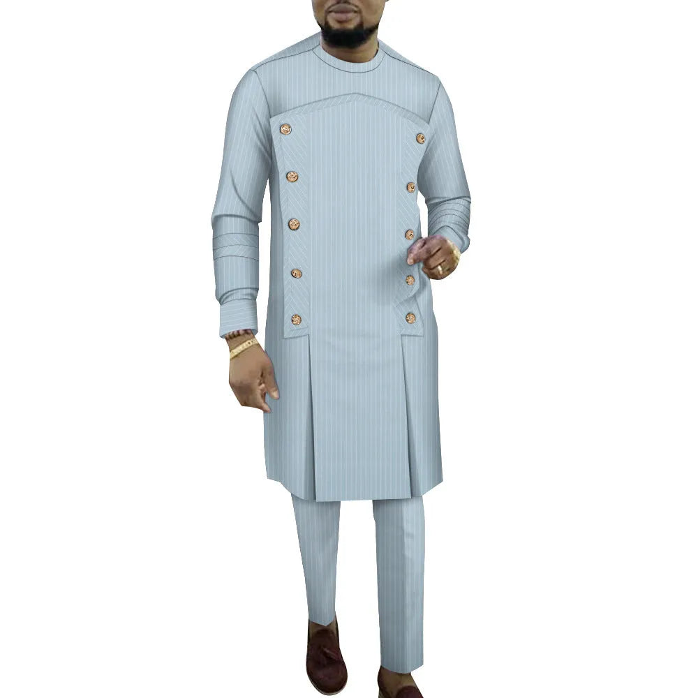African striped cotton robe two-piece set for men, showing long sleeve top and matching trousers.
