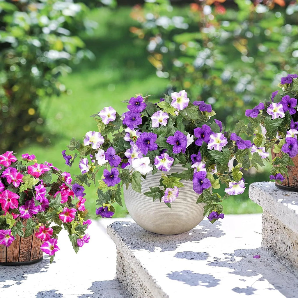 Plastic European courtyard artificial flower container with 12 fork branches and colourful silk flowers.
