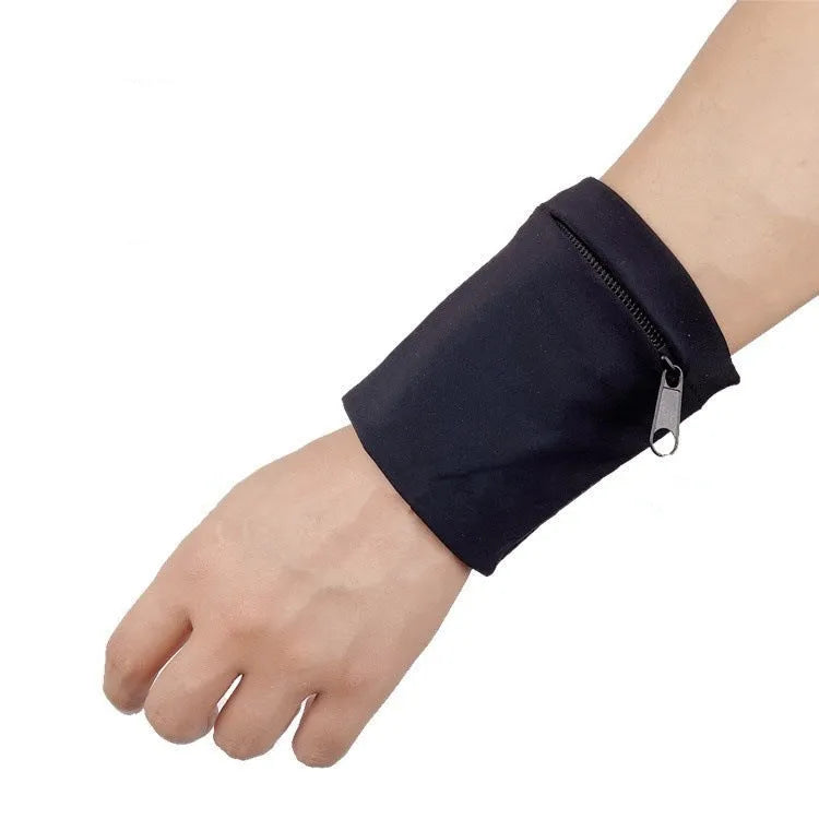 Adjustable wrist armband with a phone compartment, shown for camping and fitness use.