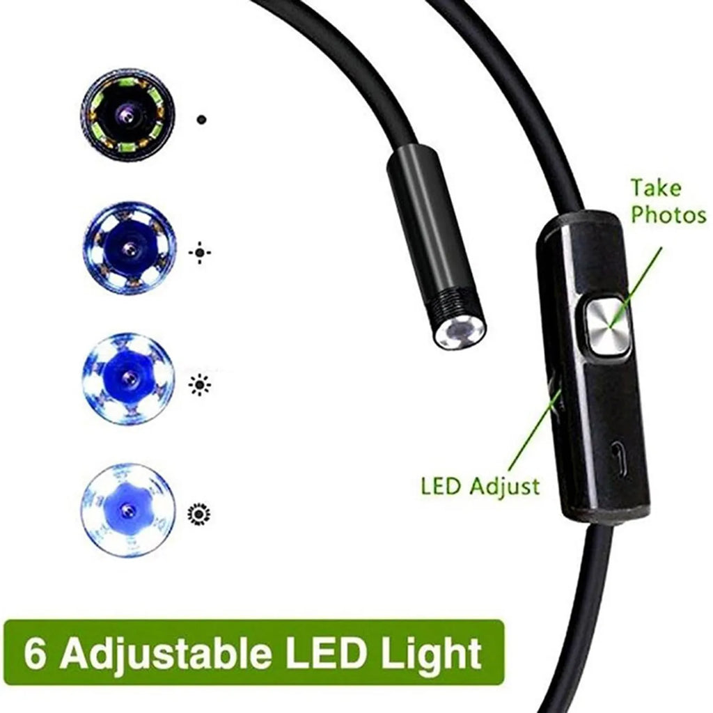 USB endoscope kit with waterproof camera, flexible cable, magnet, hook, and side mirror for Android and PC.