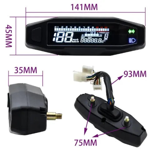 Black motorcycle mini LCD speedometer gauge showing digital readouts for speed, oil level, and RPM