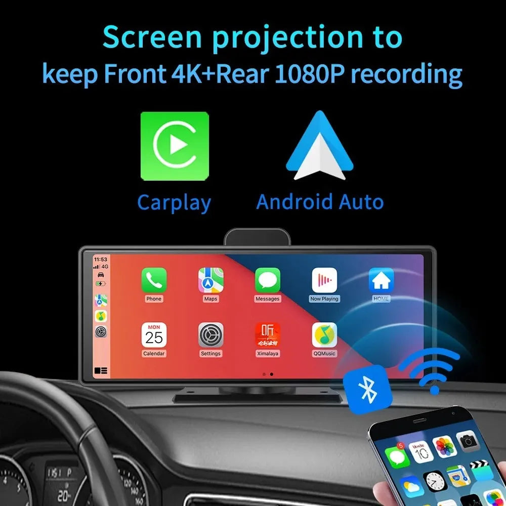 Black 10.26-inch touch screen car DVR with rear camera on a car dashboard