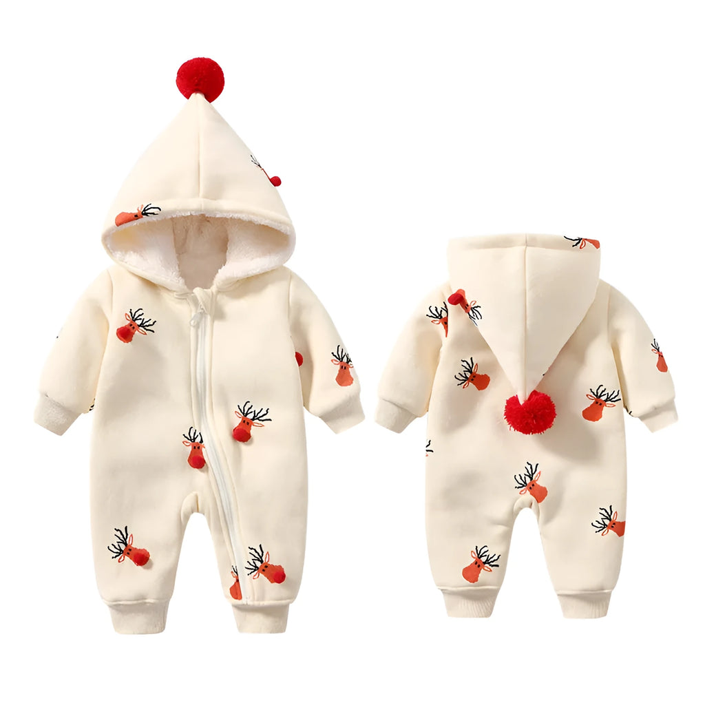 Khaki padded baby crawling suit one-piece with Christmas moose print, Korean style cotton romper