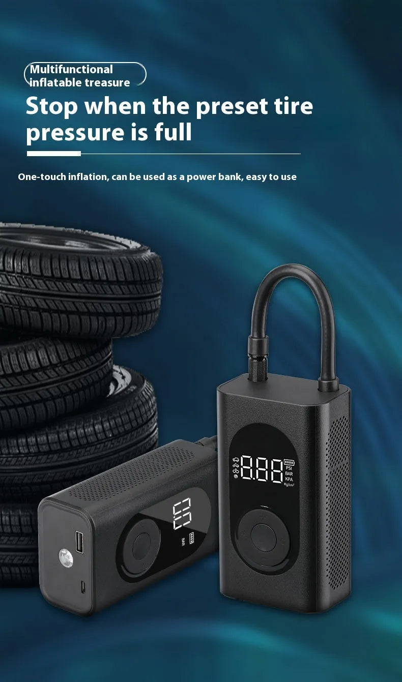 Portable handheld tyre inflator pump with digital display, USB cable, power bank, and built-in torch