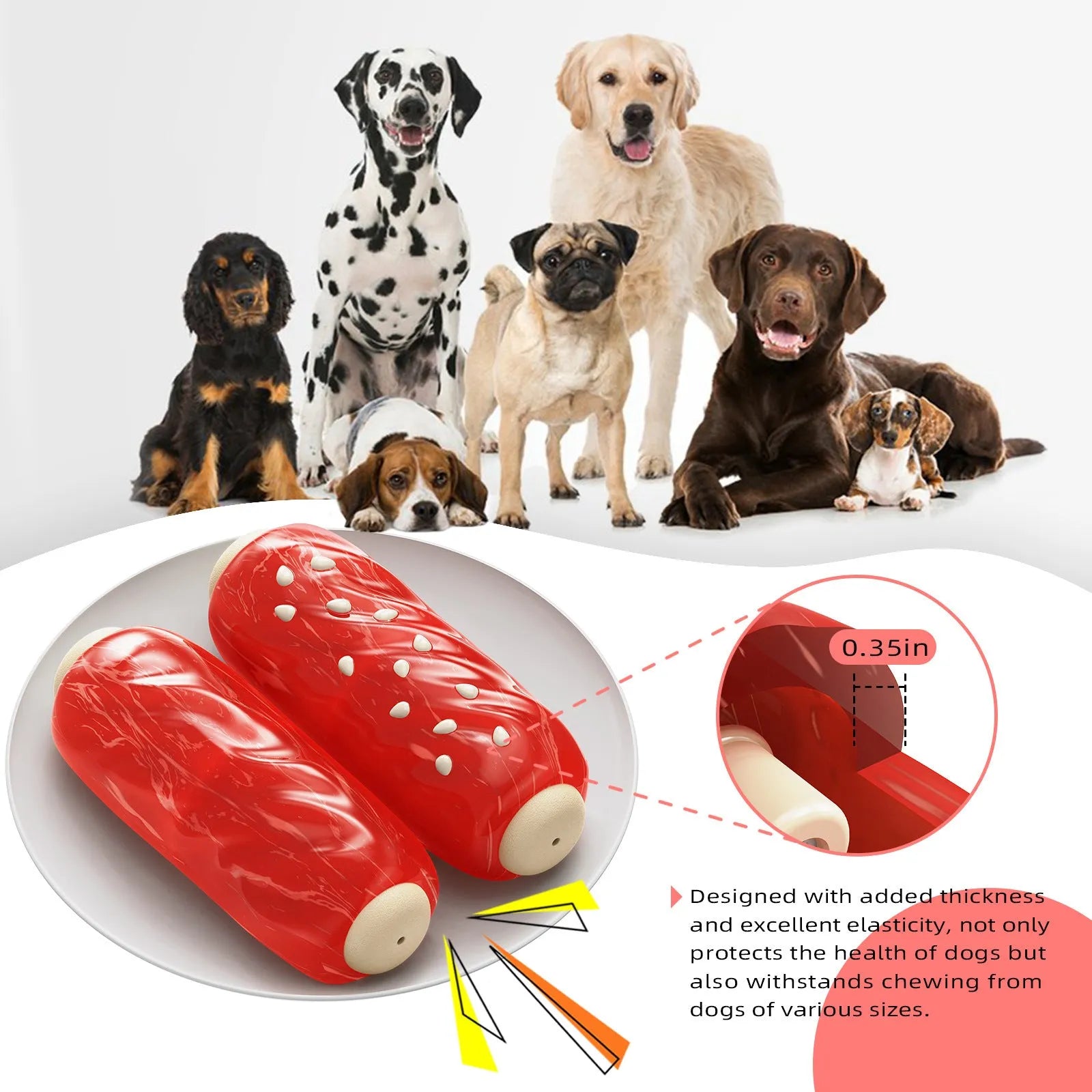 Primary colour plastic bone-shaped dog toy with a hollow treat-holding molar rod section.