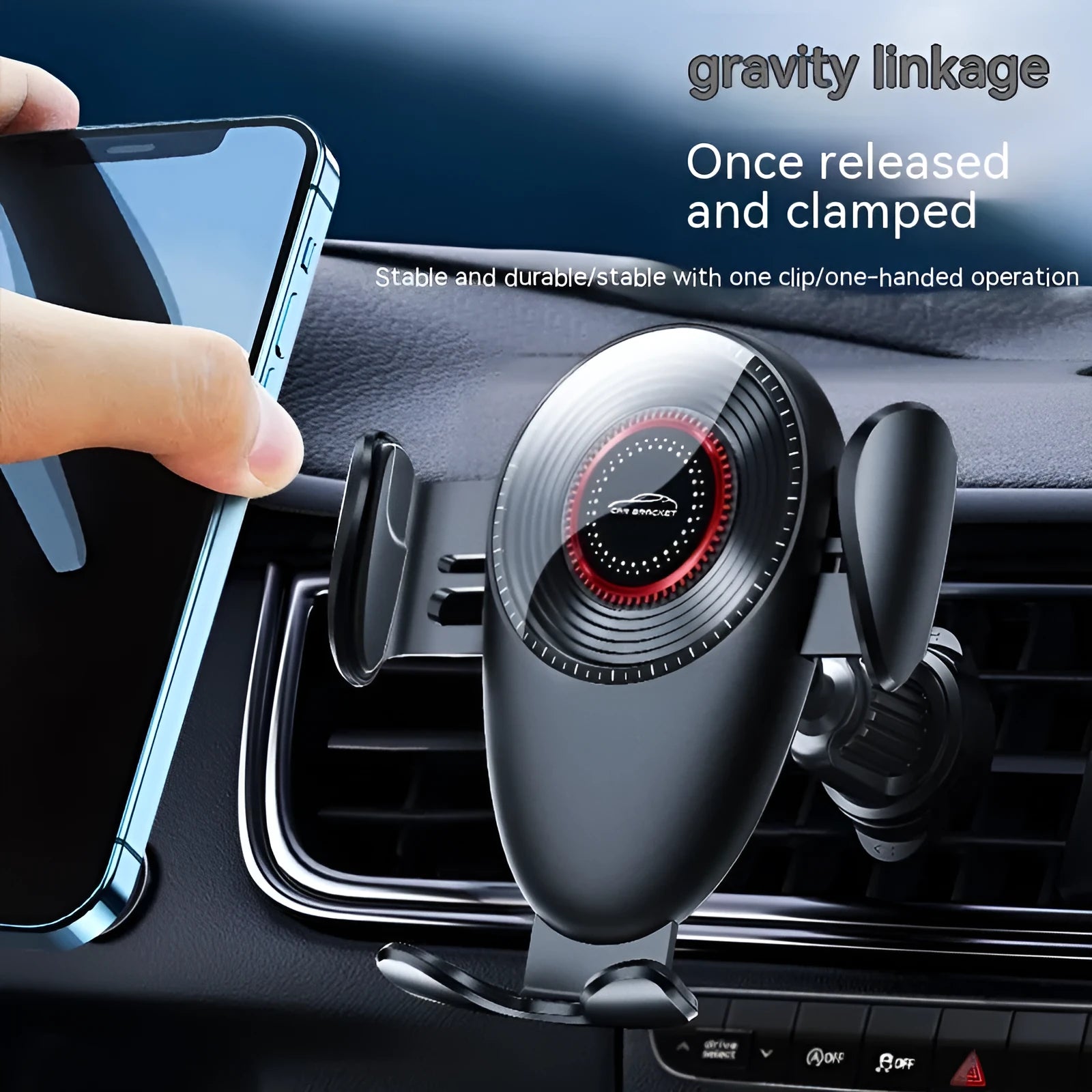 Black universal car phone bracket clipped to car air vent holding smartphone