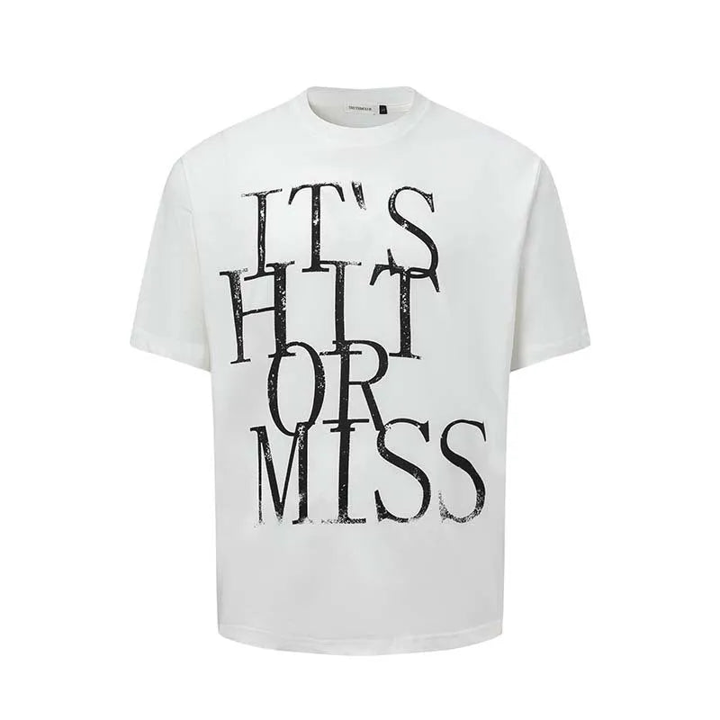 Men's white American retro letter printed cotton blend t-shirt loose fit