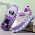 Children's LED flash roller skates in black, pink, purple, and white, showing 2-wheel and 4-wheel options.