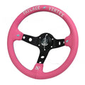 Pink leather steering wheel cover with embroidery, showing integrated aluminium alloy bracket.