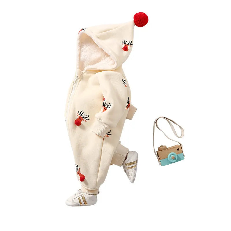 Khaki padded baby crawling suit one-piece with Christmas moose print, Korean style cotton romper