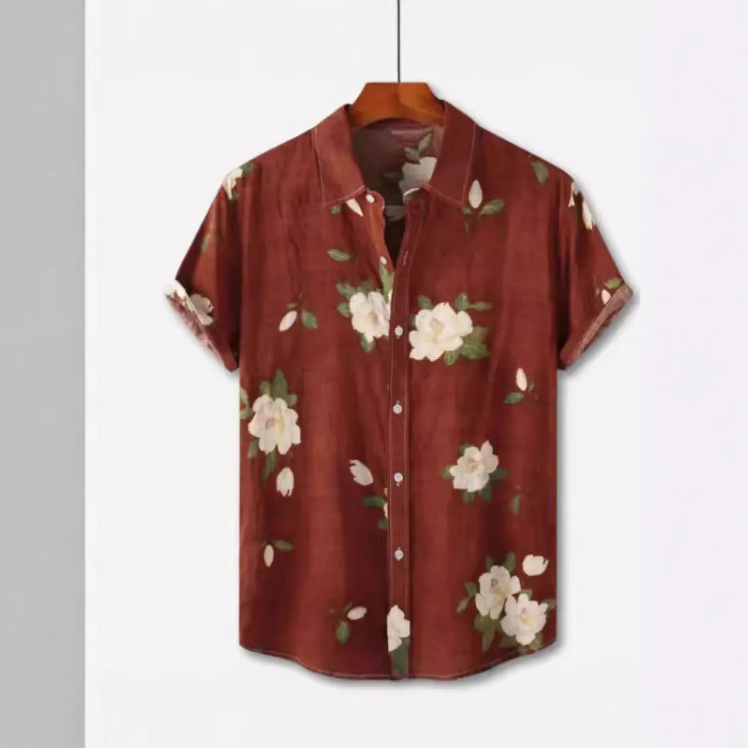 A Hawaiian floral print short sleeve shirt cardigan with a lapel collar, shown in a vibrant colour.