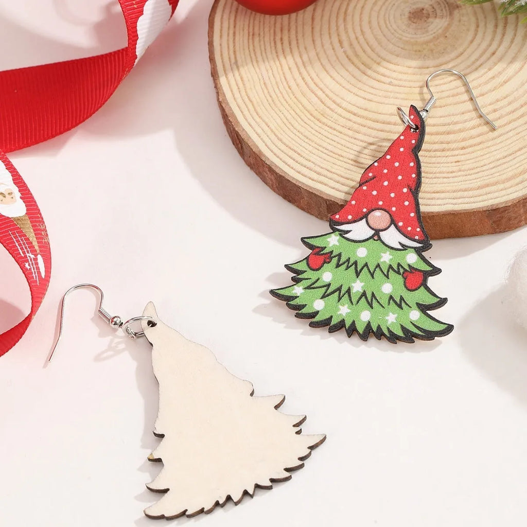 Wooden geometric Christmas earrings with Christmas tree and water drop snowman designs featuring Santa Claus elements