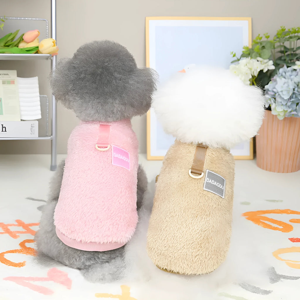 Blue coral fleece pet jacket with a coloured pull ring, shown on a mannequin.