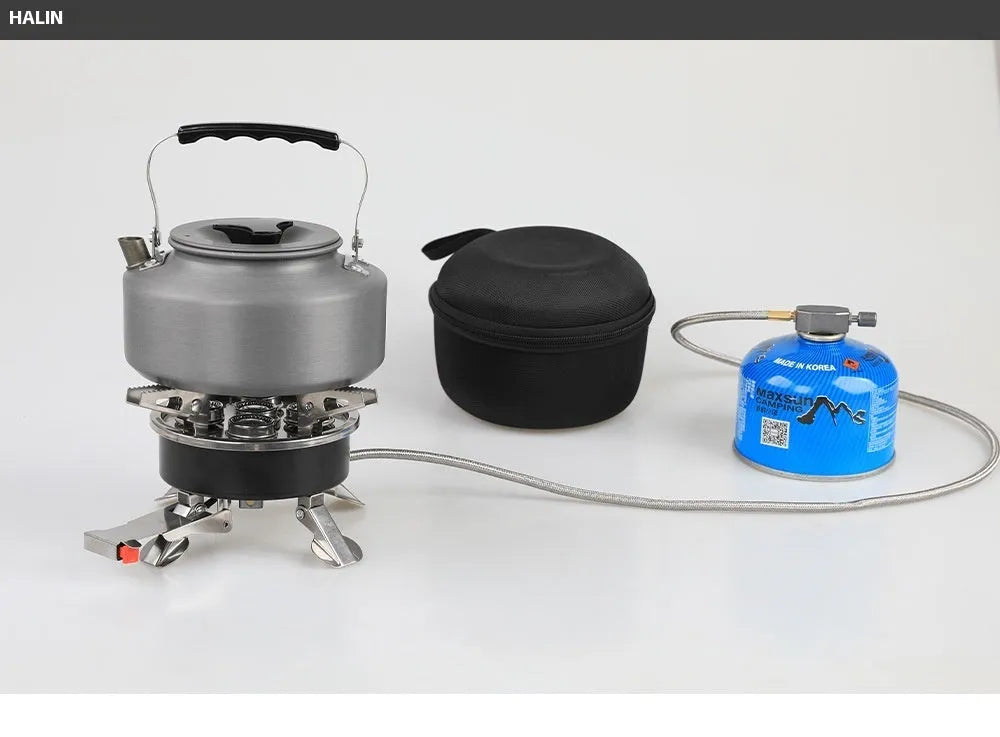 Silver portable split camping stove with stainless steel burner and long hose, shown folded.