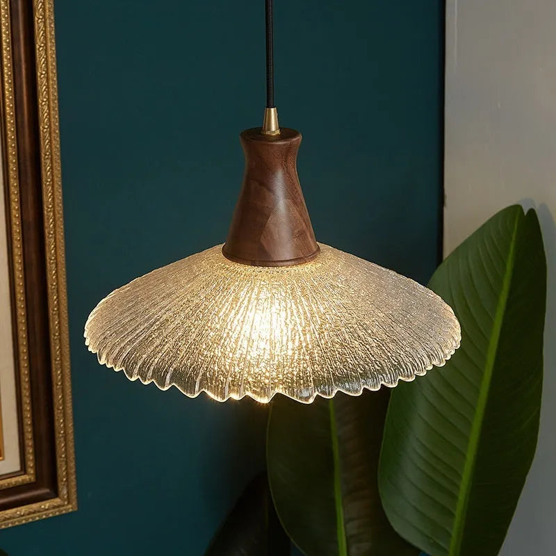 Retro brass and glass chandelier with solid wood body in three size options