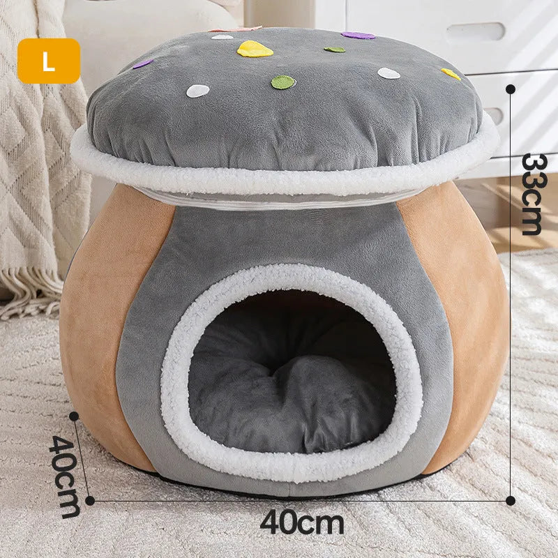 Grey mushroom-shaped plush cat nest bed for pets on a white background.