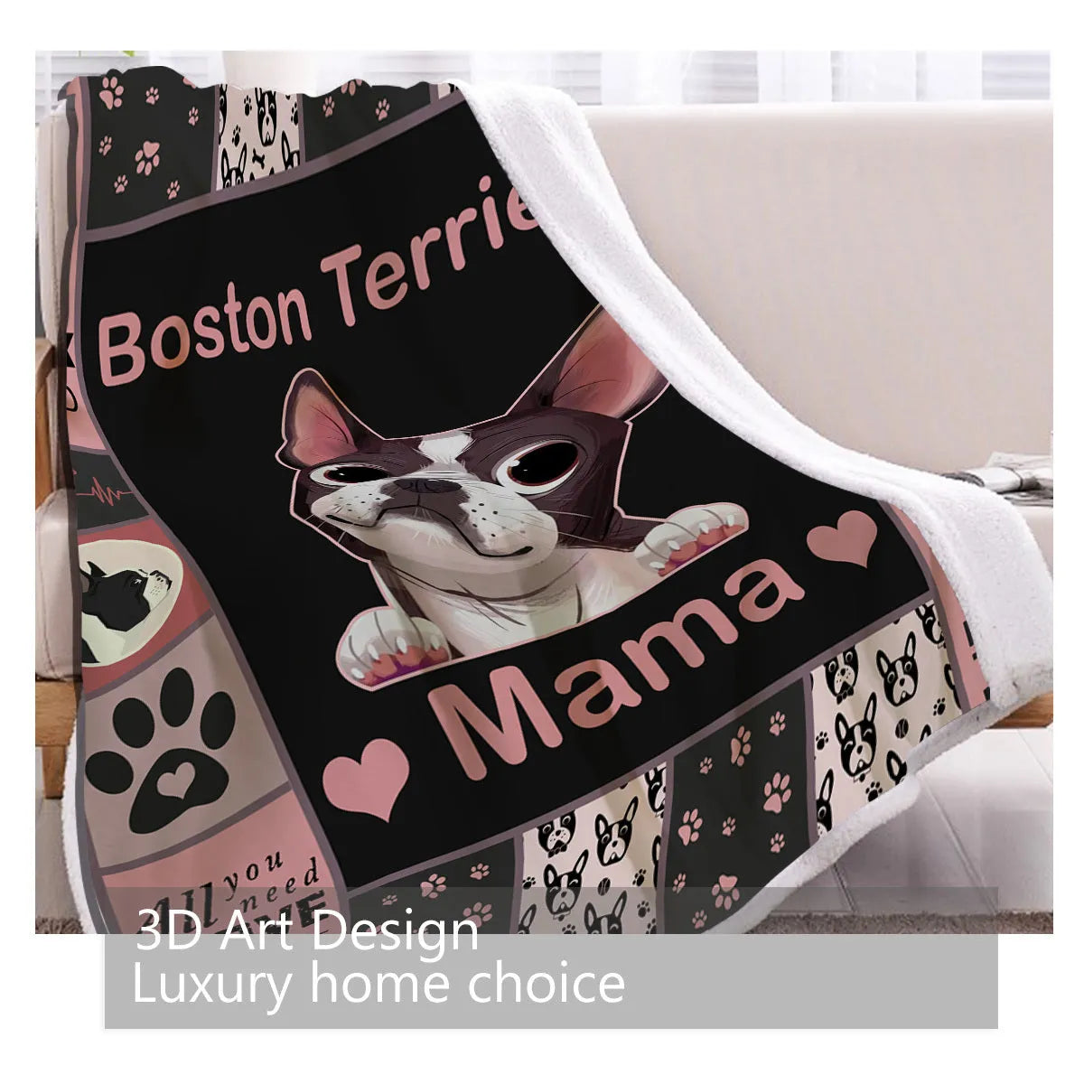 Pink Sherpa fleece dog themed throw blanket on sofa with hemmed edges