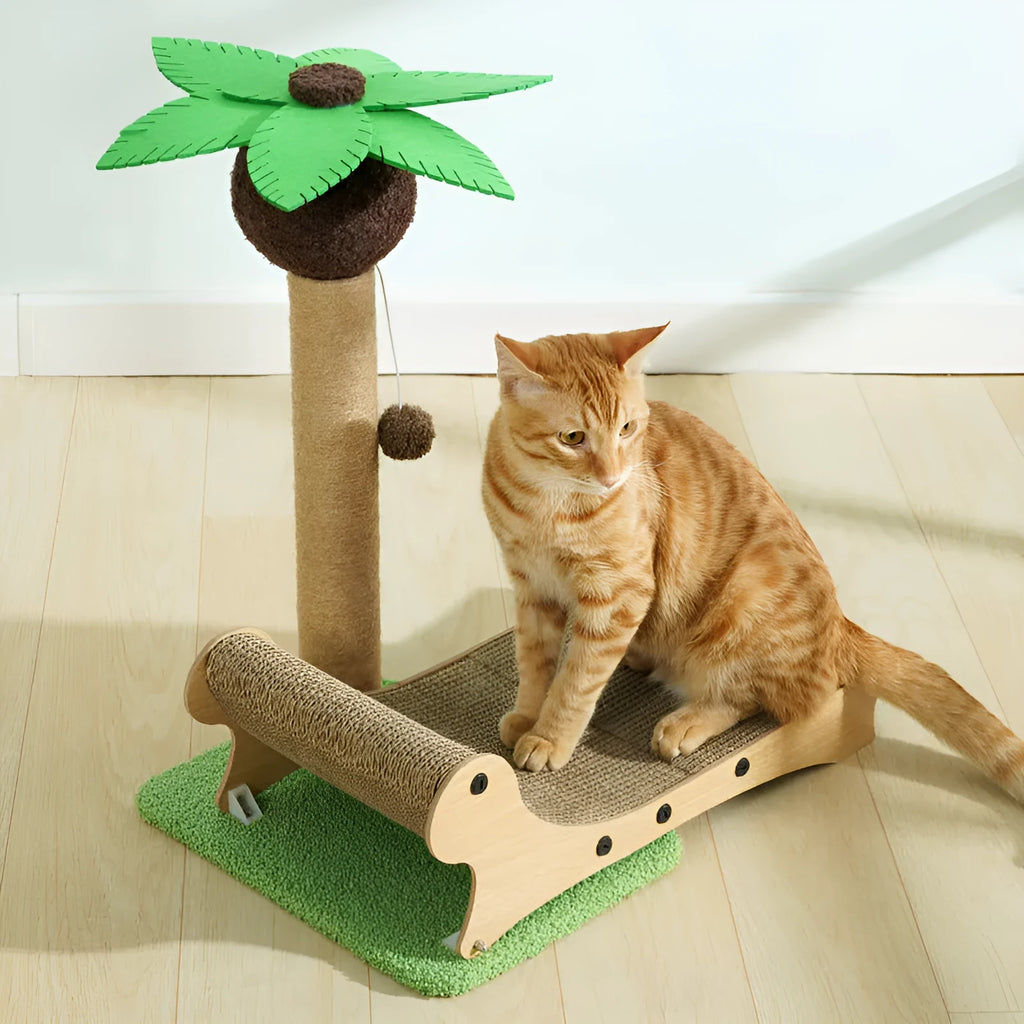 Wooden beach chair style cat climbing frame with a built-in hemp mat scratching post and raised bed.