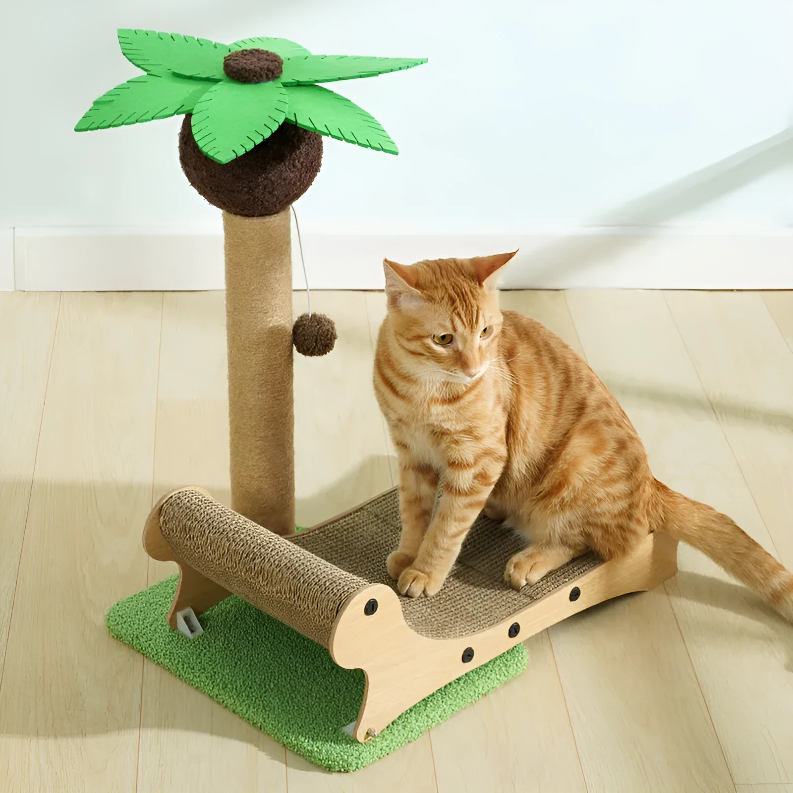 Wooden beach chair style cat climbing frame with a built-in hemp mat scratching post and raised bed.