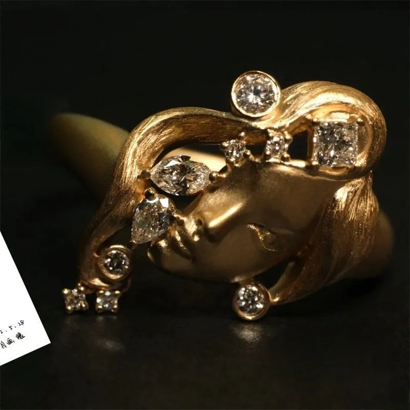 Gold alloy adjustable ring with antique portrait design for women